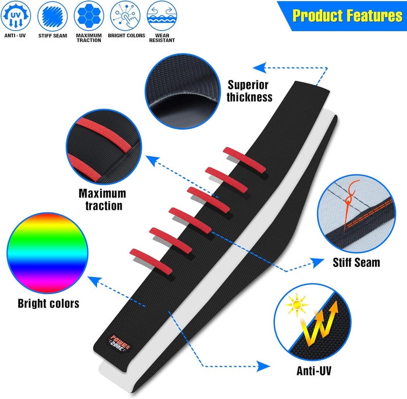 MCHMFG Motorcycle Universal Seat Cover Non-Slip Rubber Striped Gripper Soft Sewing for CRF WR WRF RMZ YZF SXF EXC EXC XC SX CR KLX Dirt Pit Bike Motocross Off Road Motorbike (Red) - Image 2